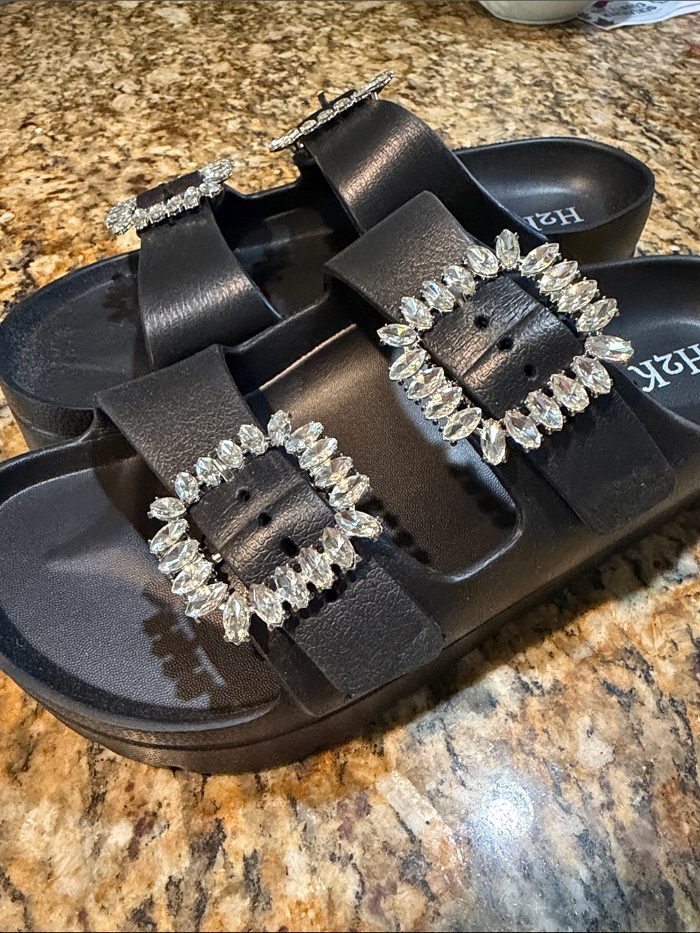 Black Crystal Buckle Double-Strap Slide Sandals 6.5 NWOT